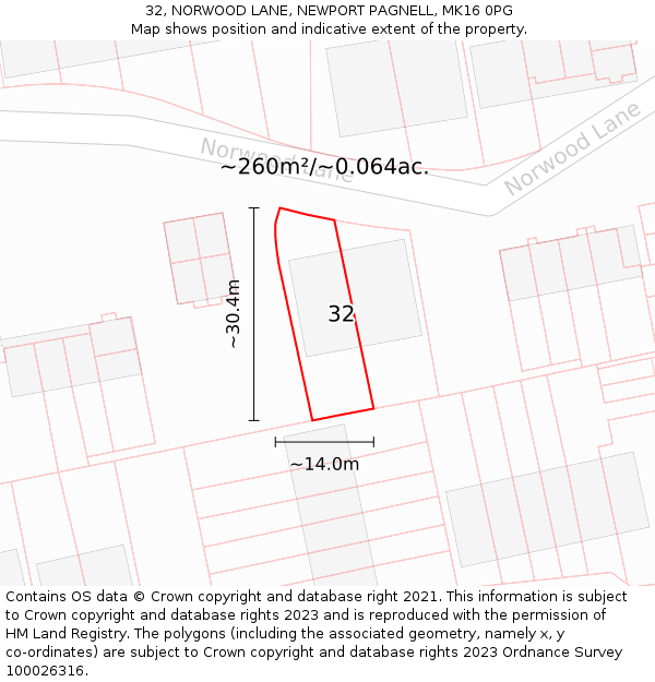 32, NORWOOD LANE, NEWPORT PAGNELL, MK16 0PG: Plot and title map