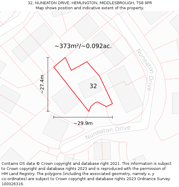 32, NUNEATON DRIVE, HEMLINGTON, MIDDLESBROUGH, TS8 9PR: Plot and title map