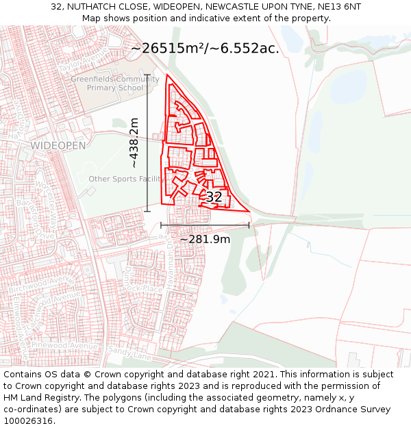 32, NUTHATCH CLOSE, WIDEOPEN, NEWCASTLE UPON TYNE, NE13 6NT: Plot and title map