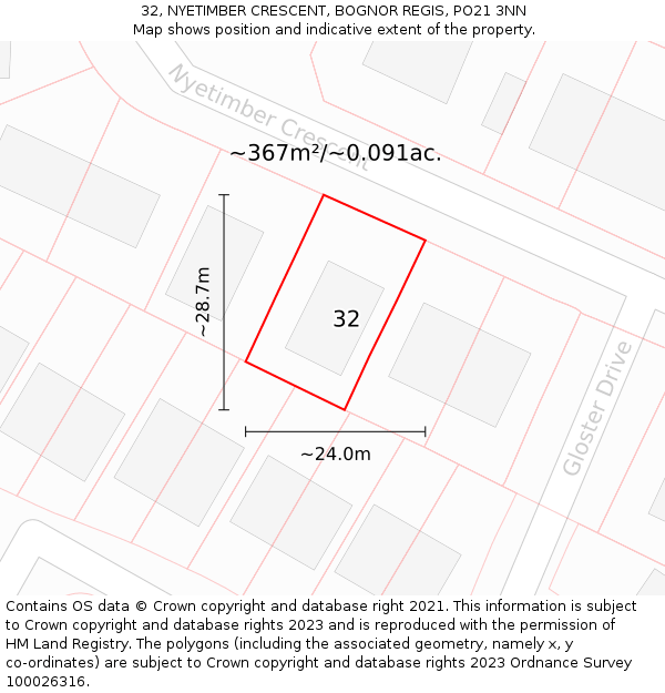 32, NYETIMBER CRESCENT, BOGNOR REGIS, PO21 3NN: Plot and title map