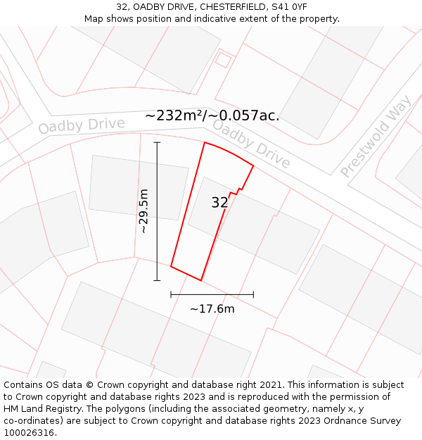 32, OADBY DRIVE, CHESTERFIELD, S41 0YF: Plot and title map