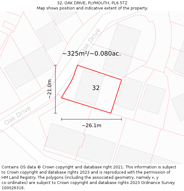 32, OAK DRIVE, PLYMOUTH, PL6 5TZ: Plot and title map