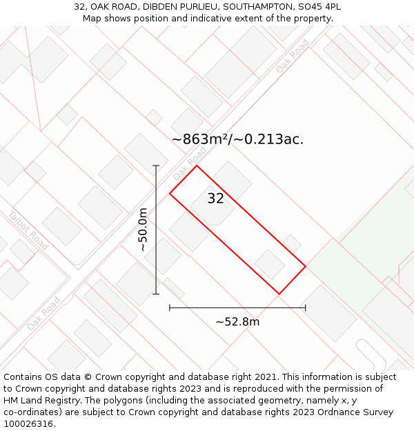 32, OAK ROAD, DIBDEN PURLIEU, SOUTHAMPTON, SO45 4PL: Plot and title map