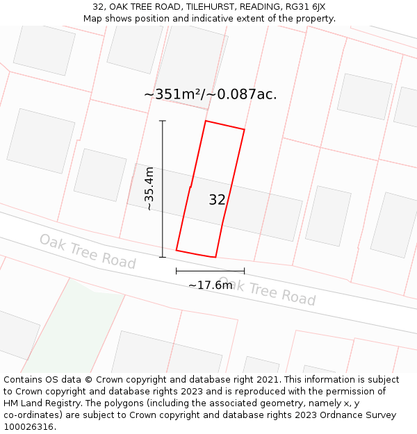 32, OAK TREE ROAD, TILEHURST, READING, RG31 6JX: Plot and title map
