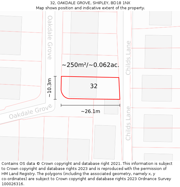 32, OAKDALE GROVE, SHIPLEY, BD18 1NX: Plot and title map