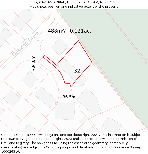 32, OAKLAND DRIVE, BEETLEY, DEREHAM, NR20 4EY: Plot and title map