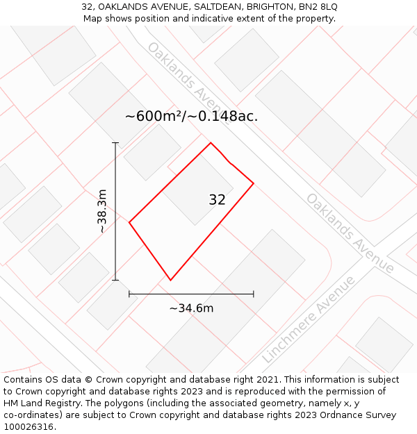 32, OAKLANDS AVENUE, SALTDEAN, BRIGHTON, BN2 8LQ: Plot and title map