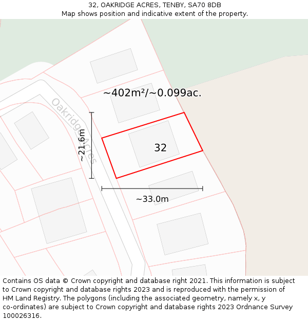 32, OAKRIDGE ACRES, TENBY, SA70 8DB: Plot and title map