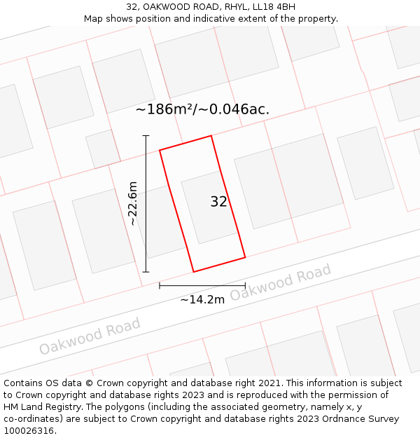 32, OAKWOOD ROAD, RHYL, LL18 4BH: Plot and title map