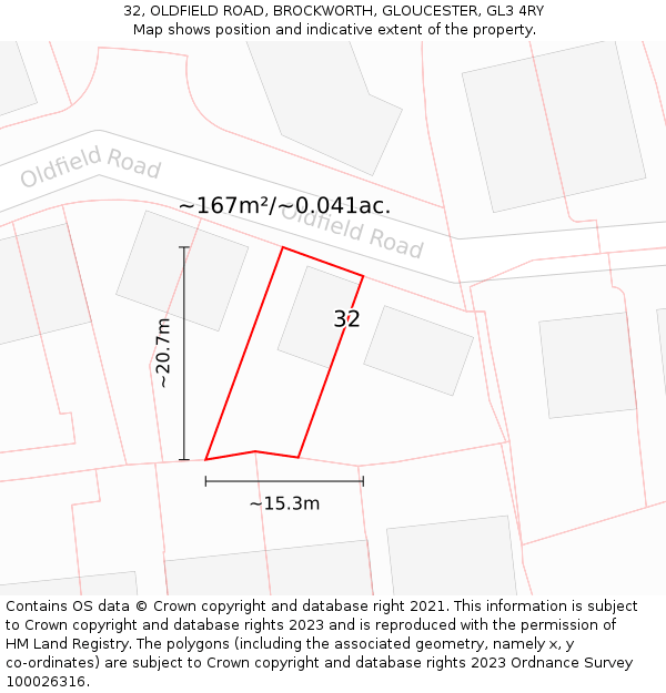 32, OLDFIELD ROAD, BROCKWORTH, GLOUCESTER, GL3 4RY: Plot and title map