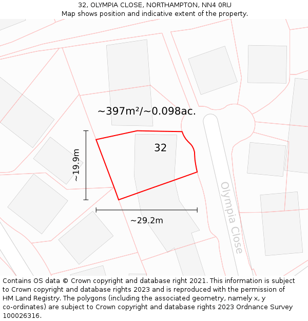 32, OLYMPIA CLOSE, NORTHAMPTON, NN4 0RU: Plot and title map