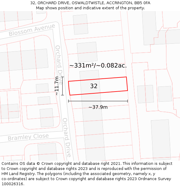 32, ORCHARD DRIVE, OSWALDTWISTLE, ACCRINGTON, BB5 0FA: Plot and title map