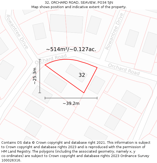 32, ORCHARD ROAD, SEAVIEW, PO34 5JN: Plot and title map