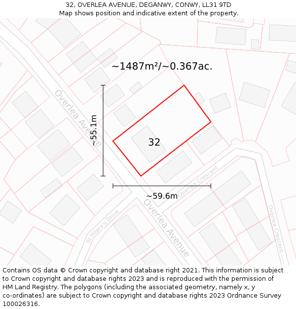 32, OVERLEA AVENUE, DEGANWY, CONWY, LL31 9TD: Plot and title map