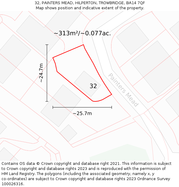 32, PAINTERS MEAD, HILPERTON, TROWBRIDGE, BA14 7QF: Plot and title map