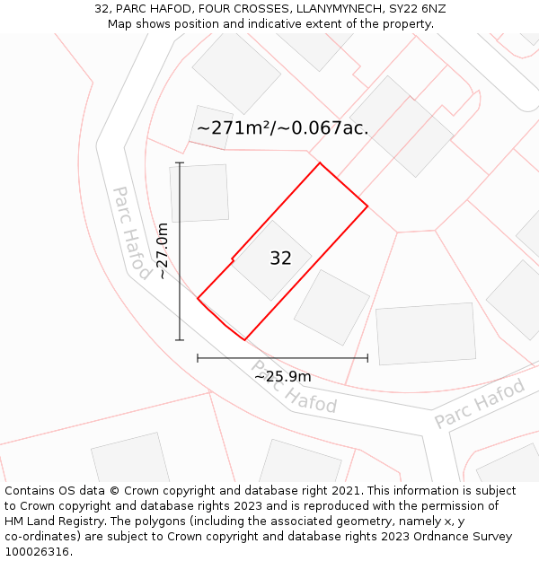 32, PARC HAFOD, FOUR CROSSES, LLANYMYNECH, SY22 6NZ: Plot and title map