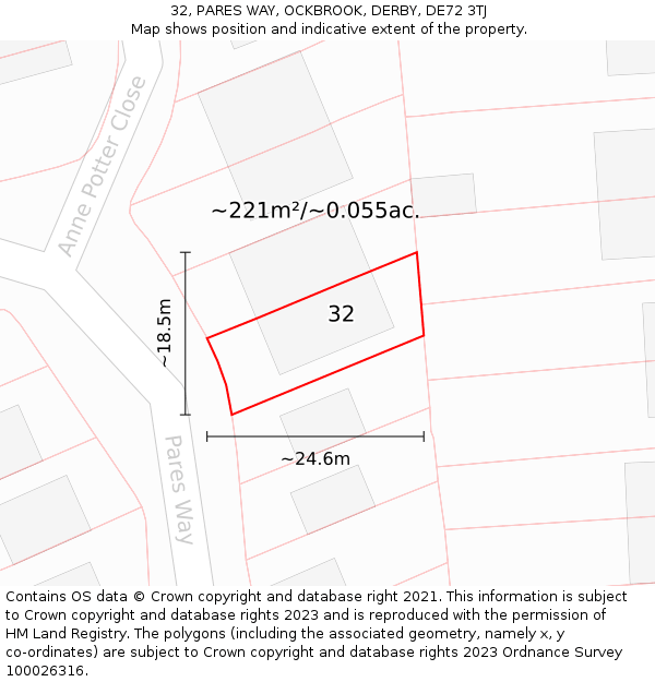 32, PARES WAY, OCKBROOK, DERBY, DE72 3TJ: Plot and title map