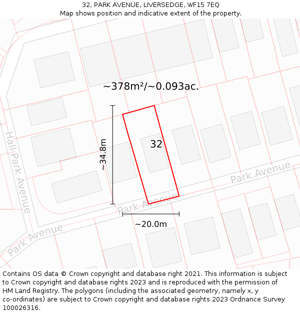 32, PARK AVENUE, LIVERSEDGE, WF15 7EQ: Plot and title map