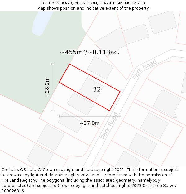 32, PARK ROAD, ALLINGTON, GRANTHAM, NG32 2EB: Plot and title map
