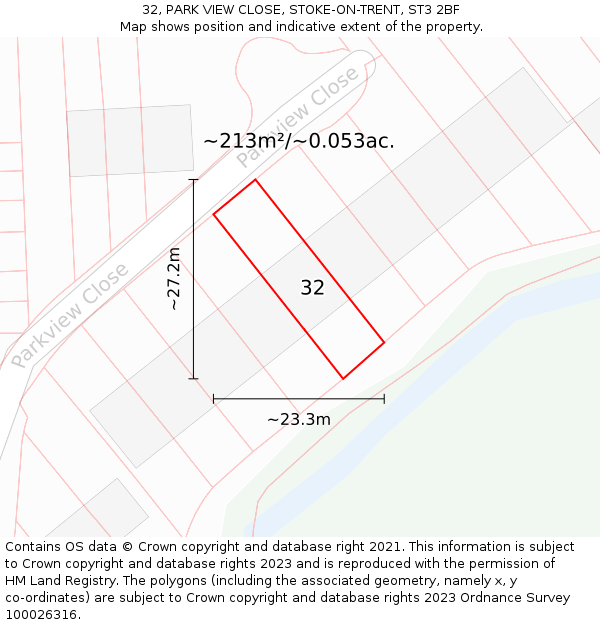32, PARK VIEW CLOSE, STOKE-ON-TRENT, ST3 2BF: Plot and title map