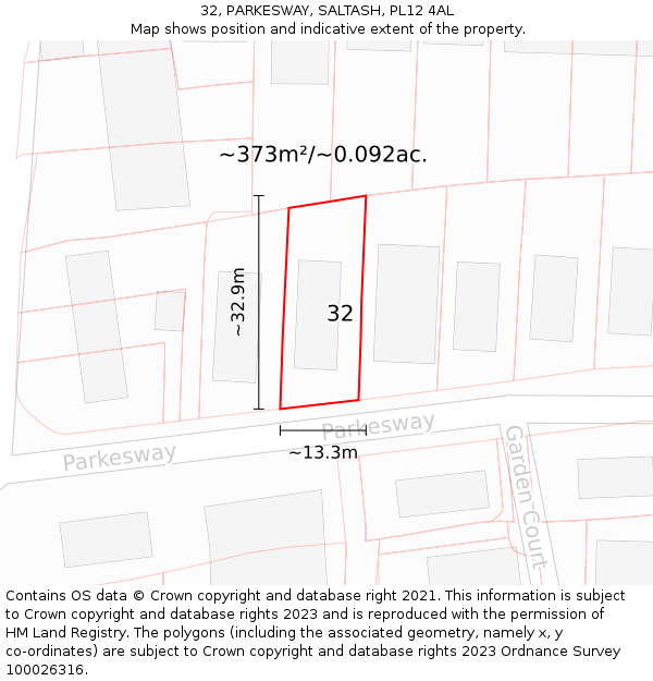 32, PARKESWAY, SALTASH, PL12 4AL: Plot and title map