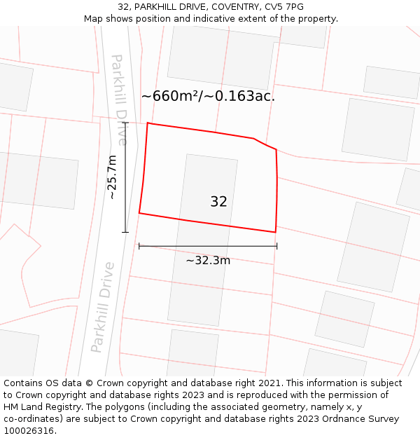 32, PARKHILL DRIVE, COVENTRY, CV5 7PG: Plot and title map