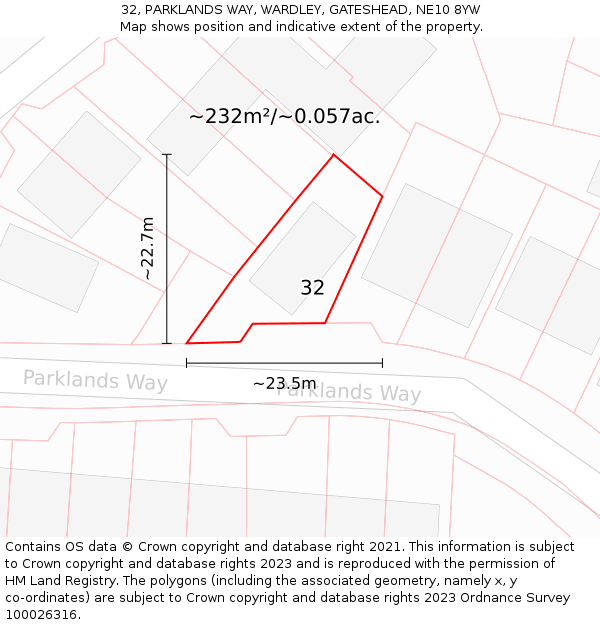 32, PARKLANDS WAY, WARDLEY, GATESHEAD, NE10 8YW: Plot and title map