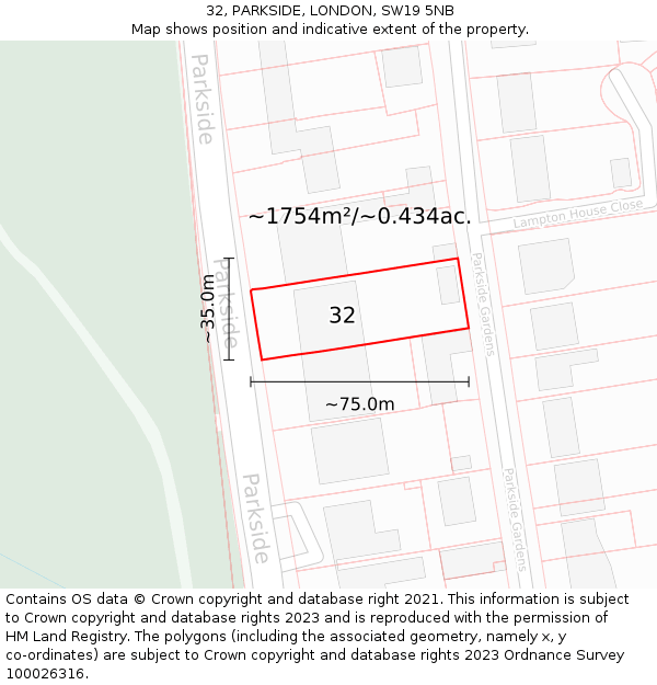 32, PARKSIDE, LONDON, SW19 5NB: Plot and title map