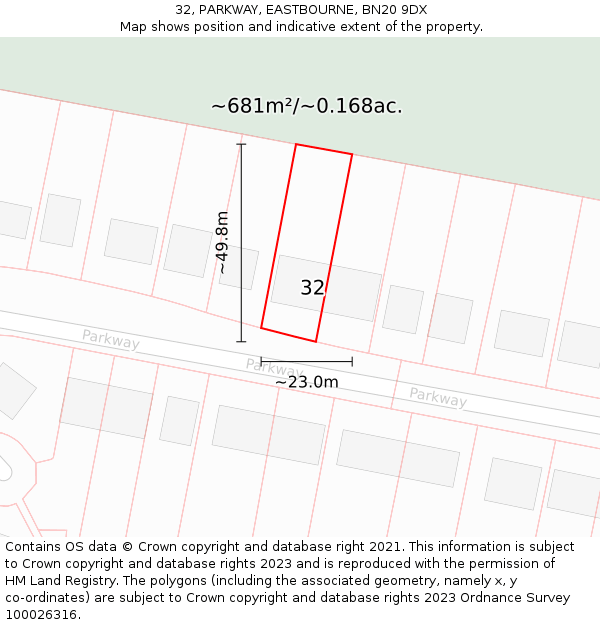 32, PARKWAY, EASTBOURNE, BN20 9DX: Plot and title map