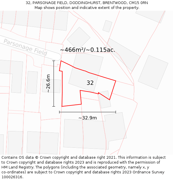 32, PARSONAGE FIELD, DODDINGHURST, BRENTWOOD, CM15 0RN: Plot and title map