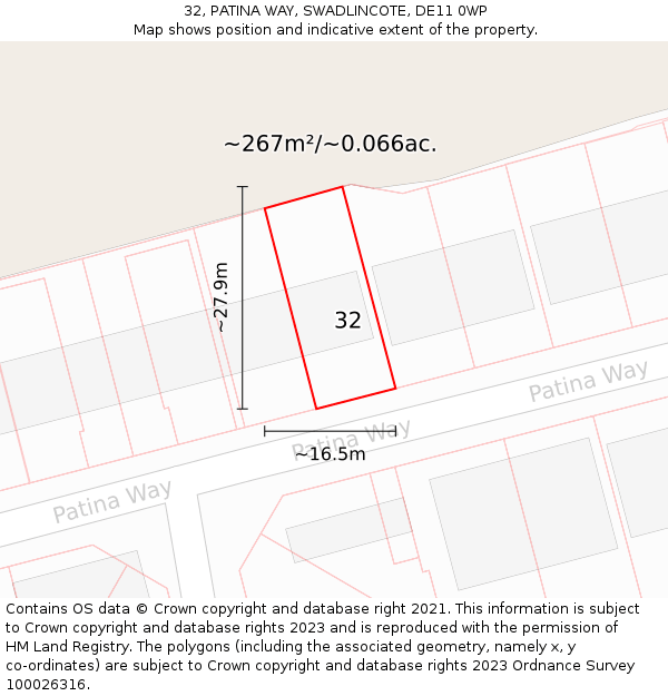 32, PATINA WAY, SWADLINCOTE, DE11 0WP: Plot and title map