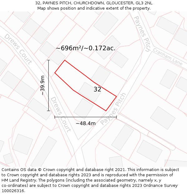 32, PAYNES PITCH, CHURCHDOWN, GLOUCESTER, GL3 2NL: Plot and title map