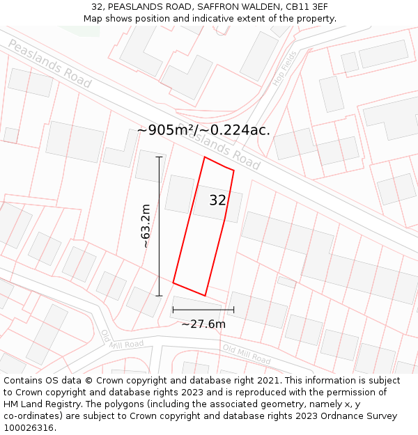 32, PEASLANDS ROAD, SAFFRON WALDEN, CB11 3EF: Plot and title map