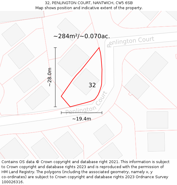 32, PENLINGTON COURT, NANTWICH, CW5 6SB: Plot and title map