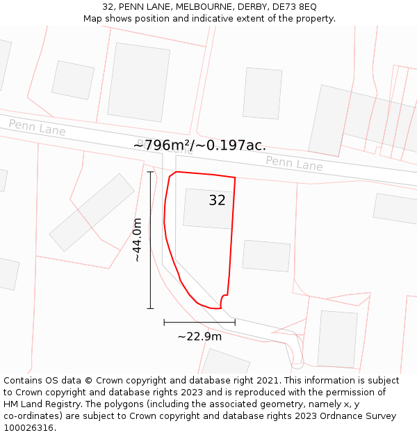 32, PENN LANE, MELBOURNE, DERBY, DE73 8EQ: Plot and title map