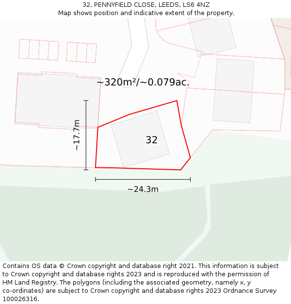 32, PENNYFIELD CLOSE, LEEDS, LS6 4NZ: Plot and title map