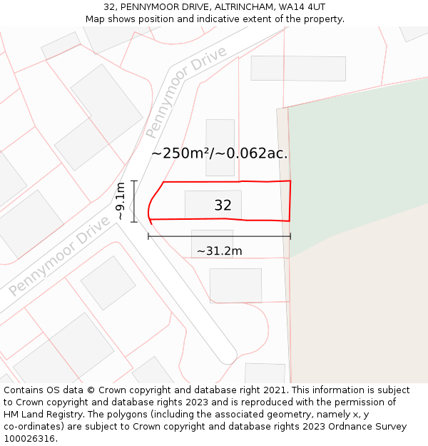 32, PENNYMOOR DRIVE, ALTRINCHAM, WA14 4UT: Plot and title map