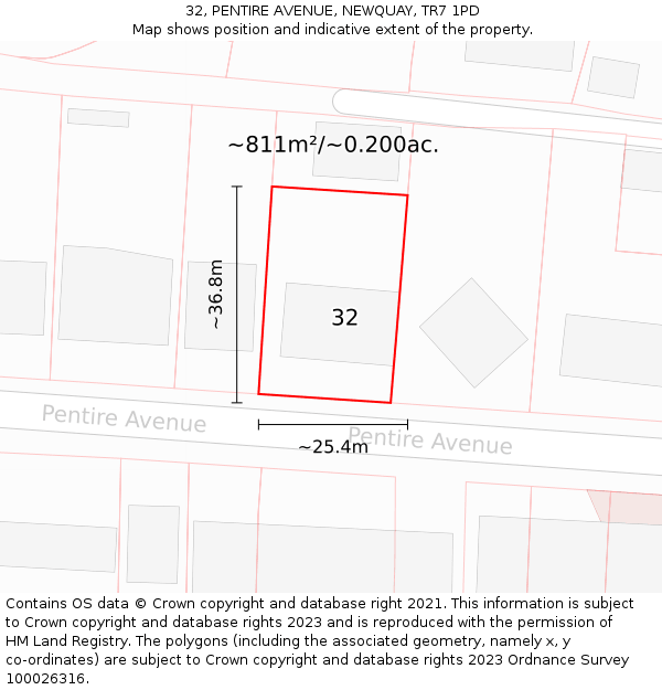 32, PENTIRE AVENUE, NEWQUAY, TR7 1PD: Plot and title map