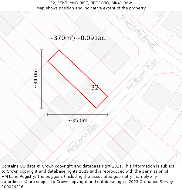 32, PENTLAND RISE, BEDFORD, MK41 9AW: Plot and title map