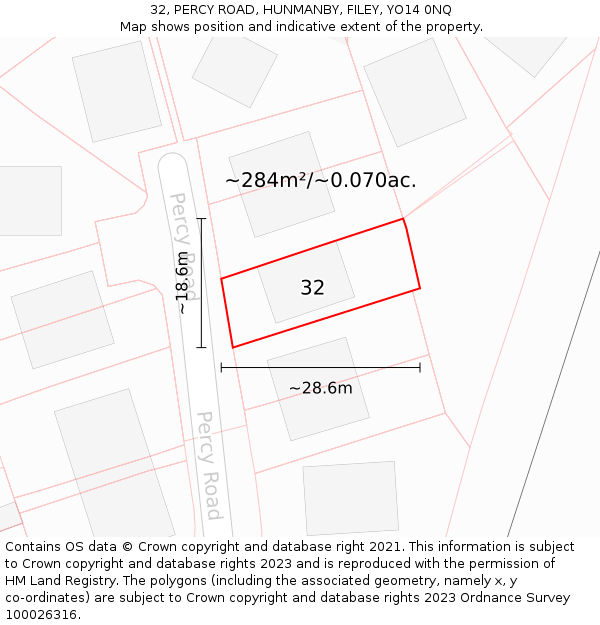 32, PERCY ROAD, HUNMANBY, FILEY, YO14 0NQ: Plot and title map