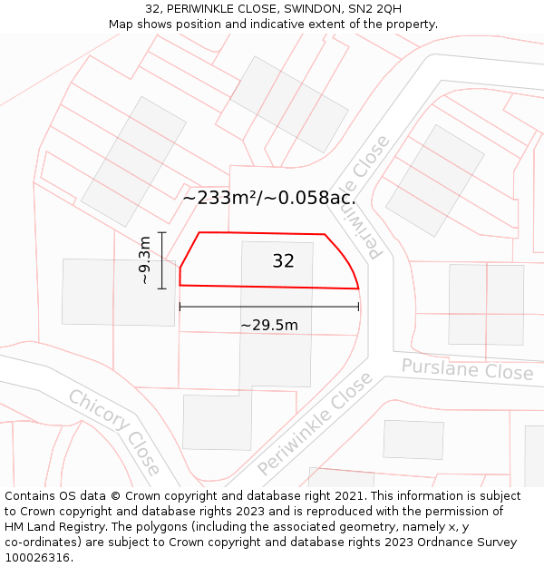 32, PERIWINKLE CLOSE, SWINDON, SN2 2QH: Plot and title map