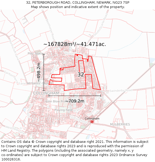 32, PETERBOROUGH ROAD, COLLINGHAM, NEWARK, NG23 7SP: Plot and title map