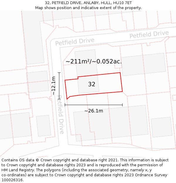 32, PETFIELD DRIVE, ANLABY, HULL, HU10 7ET: Plot and title map