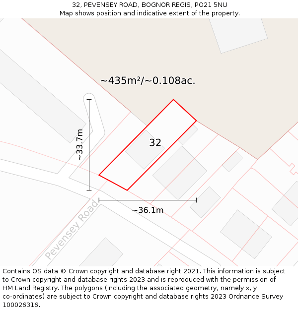 32, PEVENSEY ROAD, BOGNOR REGIS, PO21 5NU: Plot and title map