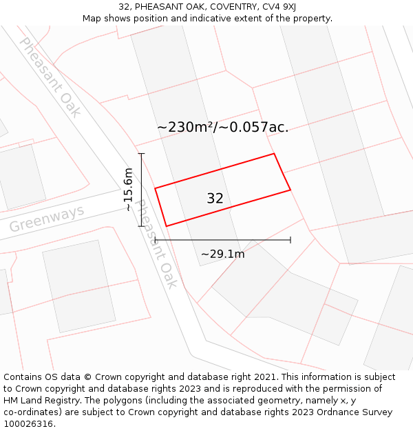 32, PHEASANT OAK, COVENTRY, CV4 9XJ: Plot and title map