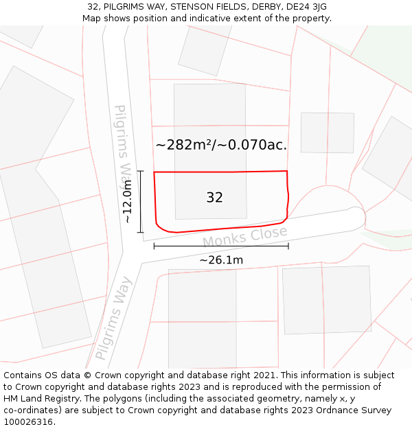 32, PILGRIMS WAY, STENSON FIELDS, DERBY, DE24 3JG: Plot and title map