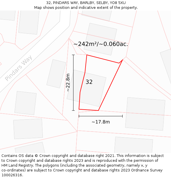 32, PINDARS WAY, BARLBY, SELBY, YO8 5XU: Plot and title map