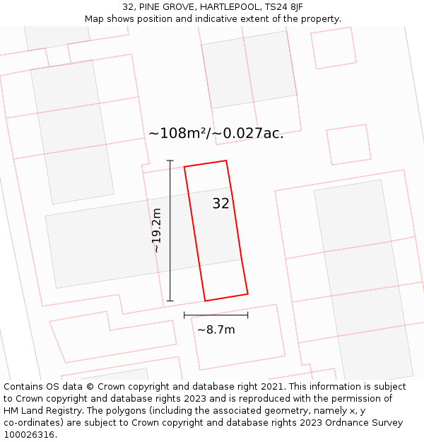 32, PINE GROVE, HARTLEPOOL, TS24 8JF: Plot and title map