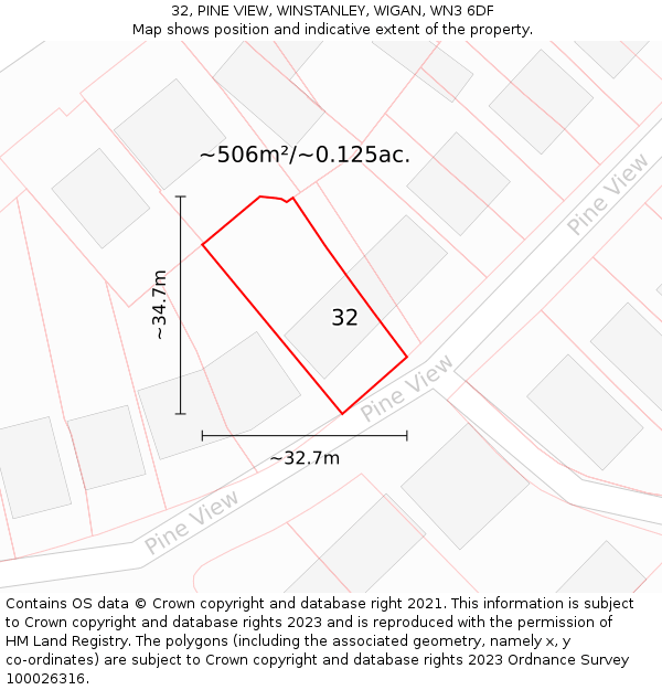 32, PINE VIEW, WINSTANLEY, WIGAN, WN3 6DF: Plot and title map