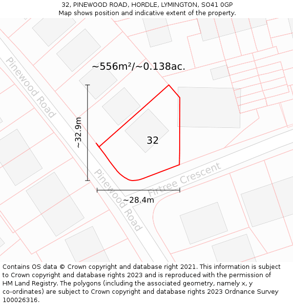 32, PINEWOOD ROAD, HORDLE, LYMINGTON, SO41 0GP: Plot and title map